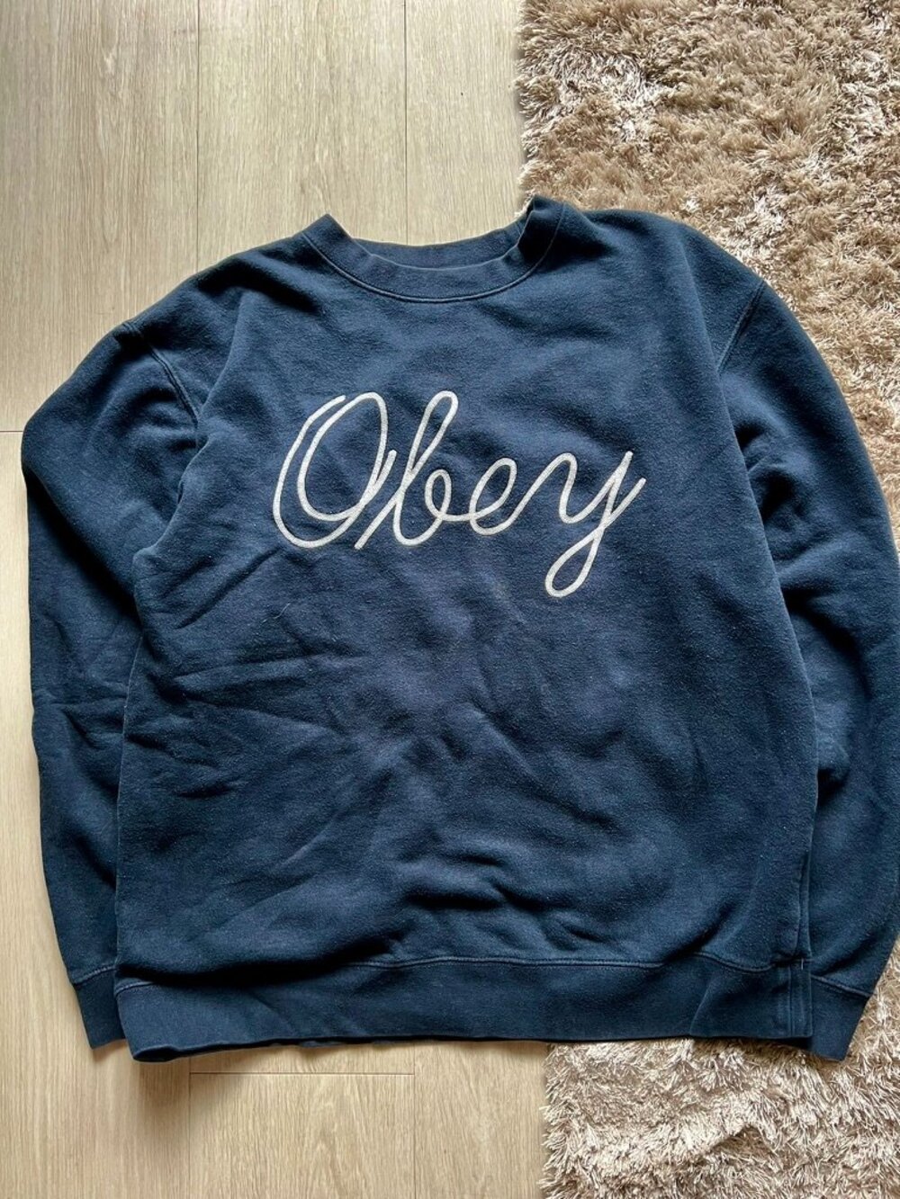 Y2K Obey Embroidered cursive Logo Sweater crewneck Men’s Large Navy Blue